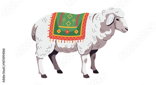 Stylized illustration of a sheep with a decorative saddle blanket on a white background vector format artistic flair animal illustration farm