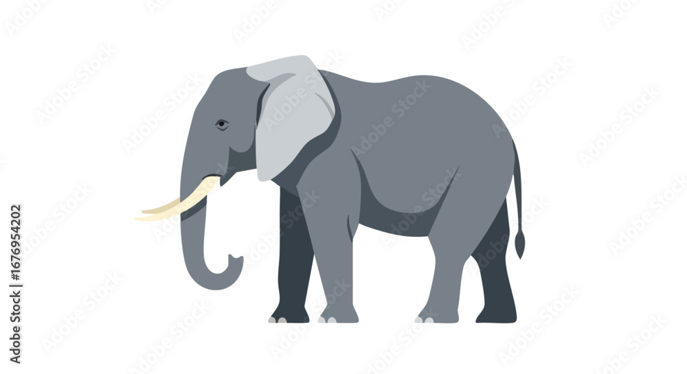 Obraz premium A Flat Vector Image of an African Elephant, Majestic Creature of the Savannah with Impressive Ivory Tusks, Depicted in Shades of Gray Against a