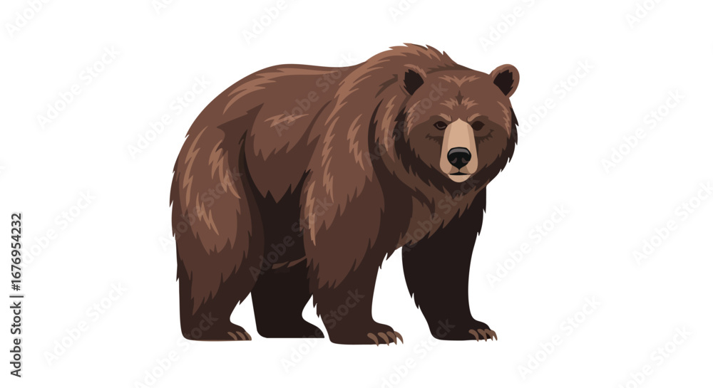 Fototapeta premium Digitally illustrated brown bear standing against a plain white backdrop showcases wild animal features and cartoon character aesthetics