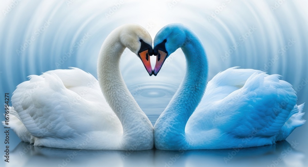 Fototapeta premium Two graceful swans intertwined, forming a heart symbol on a watery surface