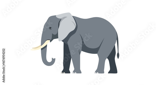 A Flat Vector Image of an African Elephant, Majestic Creature of the Savannah with Impressive Ivory Tusks, Depicted in Shades of Gray Against a