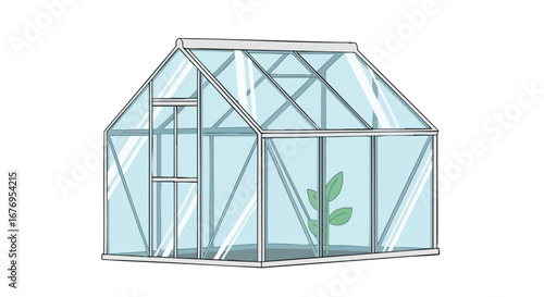 Isolated greenhouse structure with delicate plant inside conveying cultivation concept with glass paneling and modern architectural design