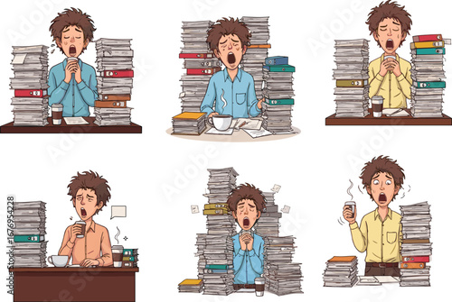 Exhausted office worker overwhelmed with documents, tired businessman stressed at desk, yawning man with coffee, paperwork pressure, burnout illustration