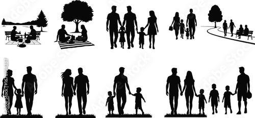 Happy family spending quality time outdoors, parents with children walking, picnic and park activities, togetherness, love, nature, bonding, weekend fun, healthy lifestyle