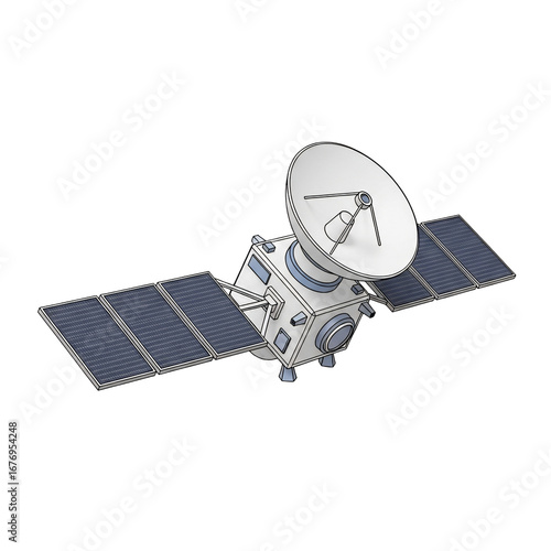 Detailed Satellite Illustration with Solar Panels and Dish Antenna.