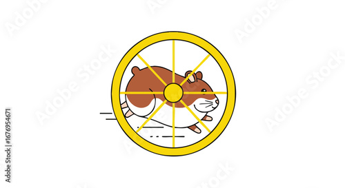 Animated hamster silhouette running vigorously inside a golden yellow circular spinning wheel, isolated against a stark white background plane