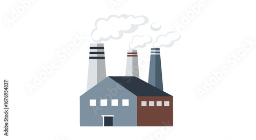 Stylized factory emitting smoke, depicting industrial processes and environmental concerns regarding pollution and global climate changes