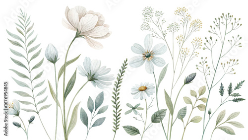 Watercolor wildflower floral set – beige, ivory, dusty pink flowers with sage green leaves, minimal modern botanical illustration, clipart isolated on white.