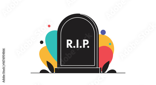 Modern illustration of tombstone with colorful abstract shapes for Halloween or memorial design