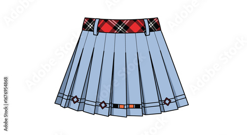 Stylish light blue pleated skirt with a vibrant red plaid waistband for a fashionable modern look