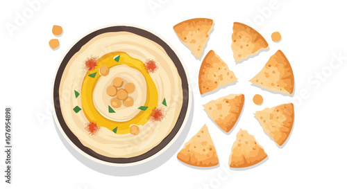 Authentic hummus bowl surrounded by pita bread pieces for healthy culinary delight and flavorful snack experience perfect for dietary lifestyle,