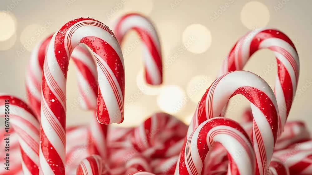 Red & white striped candy canes against blurred bokeh lights for a festive feeling