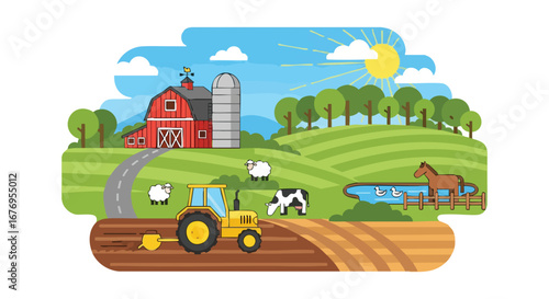 Bucolic countryside vector illustration showcasing idyllic farmland scenery and agricultural activity under a sunny sky highlighting the beauty of