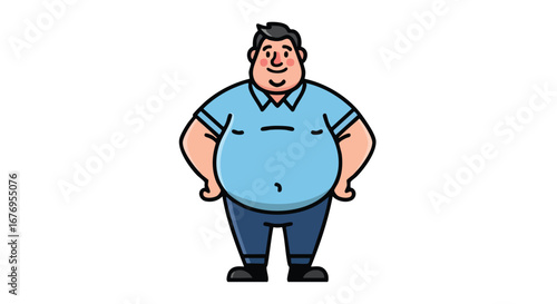 Cartoon Illustration of an Overweight Man in Blue Clothing with a Cheerful Demeanor Posing Confidently on a White Background