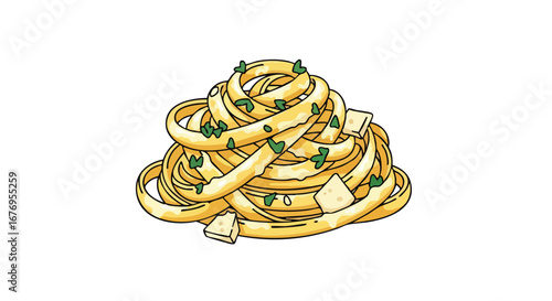 Cartoonish Pasta Illustration: A Delicious Depiction of Culinary Delight with Fresh Herbs and Cheese Bites