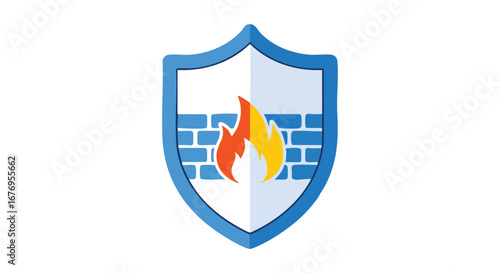 Cybersecurity shield emblem presenting a digital firewall and a burning flame symbol for ultimate security and protection needs