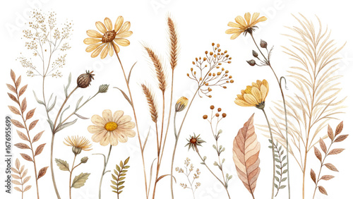 Watercolor wildflower floral set – beige, ivory, dusty pink flowers with sage green leaves, minimal modern botanical illustration, clipart isolated on white.