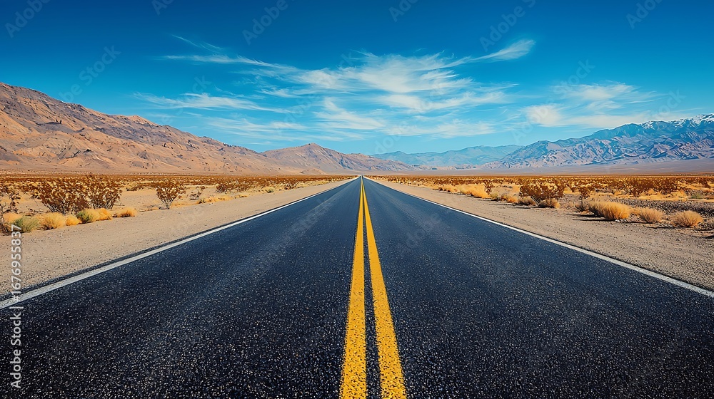 Naklejka premium Endless desert road leading to distant horizon with blank sky above, vast open sand landscape, barren wilderness, natural outdoor scenery, sunlight illuminating empty path, travel adventure concept.