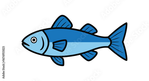 Cartoon style blue fish illustration with fins and tail on white background simplistic underwater animal for kids theme drawing book illustration