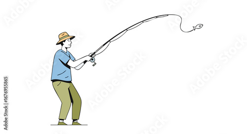 Angler's Bend: A Cartoon Fisherman Battling a Catch, Rod Bent with Tense Anticipation, a Lighthearted Take on the Sport of Fishing Near the Water