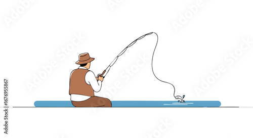 Animated fishing adventure of a man in hat catching a fish out of a simplified blue pond