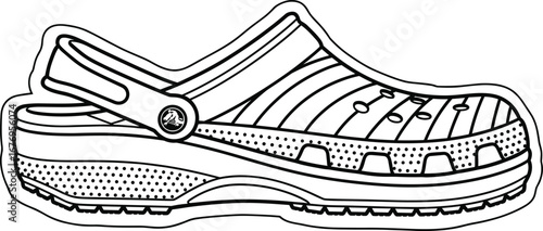 Crocs-style clog shoe, black and white vector, perforated upper, adjustable strap, casual footwear icon, minimal line art, comfort design illustration