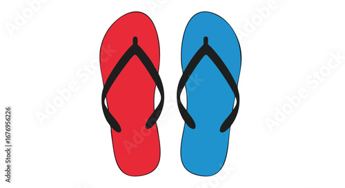 Red and Blue Flip-Flops: Minimalist Illustration of Summer Footwear Essentials and Beach Lifestyle  with Colorful Accents for Design Projects