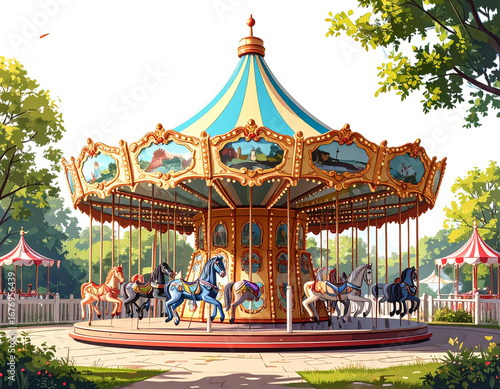  Vintage carousel rides at amusement park with colorful designs, PNG bundle collection