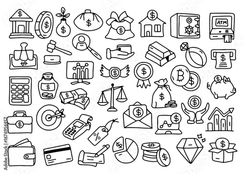 Hand drawn finance and banking icon set collection. Money, investment, business, cryptocurrency, saving, payment, piggy bank, wallet, credit card, budget, tax, stock market doodle illustration.