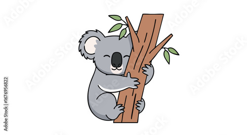 Cute cartoon koala clinging to a tree with leaves, expressing joy and comfort in a simplistic style, ideal for children's illustrations