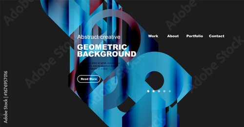 Abstract geometric background design. Blue, red hues dominate. Website header includes navigation options, read more button. Modern aesthetic.