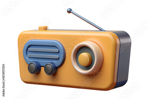 Realistic 3D render of vintage tabletop radio with wooden casing and dials.