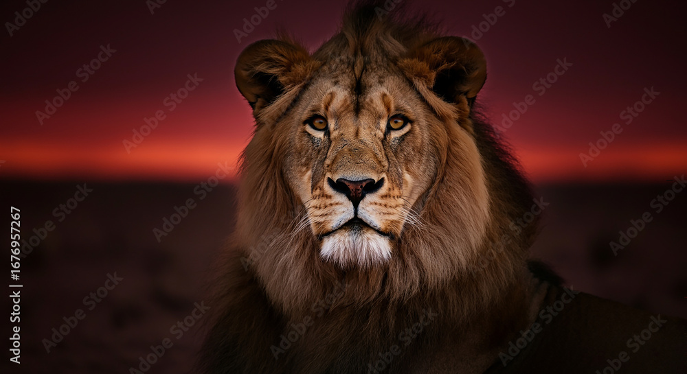 Fototapeta premium A lion gazes directly at the camera against a vibrant sunset backdrop.