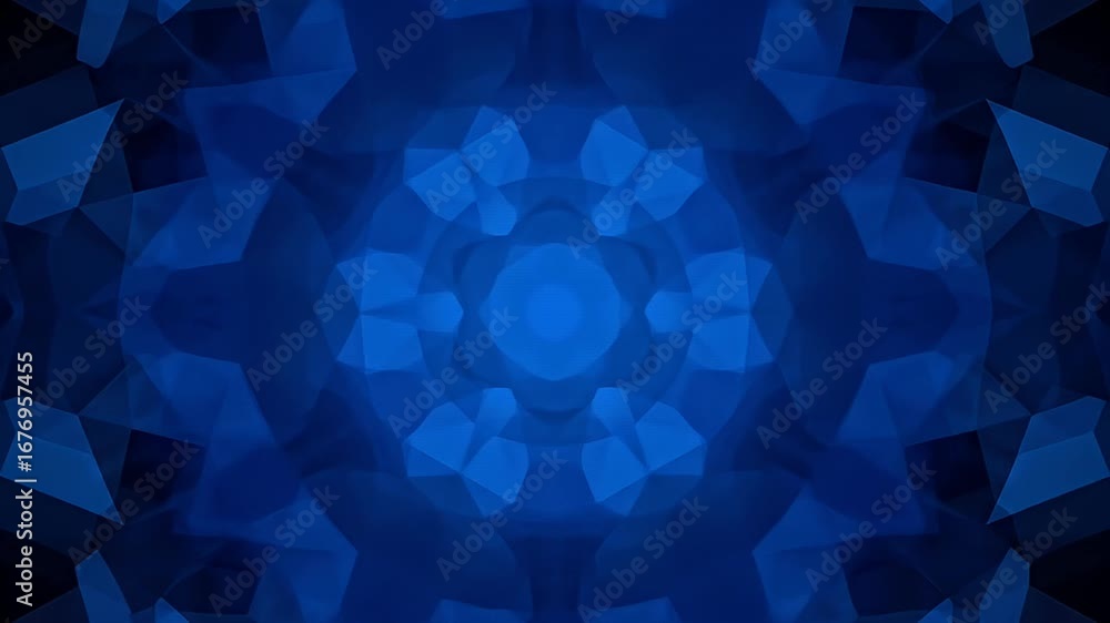 Deep blue kaleidoscopic abstract pattern with geometric, symmetrical, and blurred shapes
