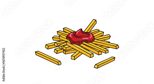 Pile of golden french fries topped with a dollop of vibrant red ketchup on a clean white surface displaying a simple delicious comfort food drawing