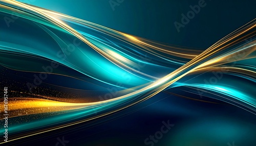 Abstract Flowing Ribbons of Light – Futuristic Digital Art in Blue, Teal, and Gold