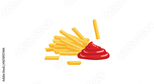 Delightful illustration showcasing crispy golden french fries served alongside a generous dollop of bright red ketchup, a classic fast food