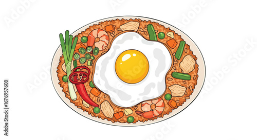 Exotic fried rice illustration with fried egg and vibrant ingredients offering a delicious depiction of culinary delight perfect for food-themed