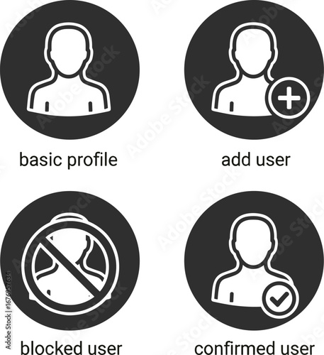 User account status icons basic profile add user blocked and confirmed Keywords: user icon, profile