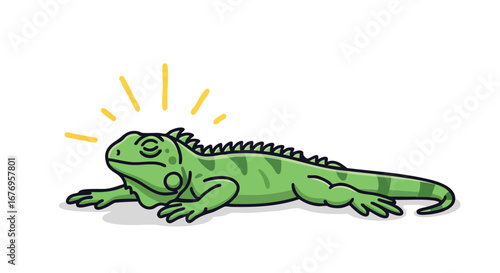 Cartoon Iguana basking in imagined sunshine, showcasing simplistic design with charm and minimal details conveying reptilian relaxation and calmness