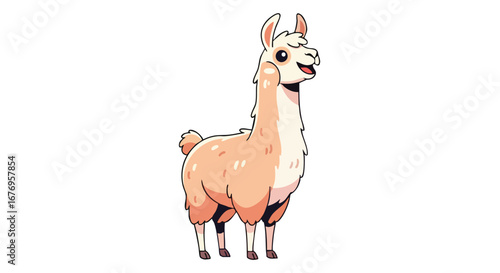 Cartoon Llama Illustration on White Background, Animal Character Design, isolated cheerful Llama character standing with cute pose and expression,