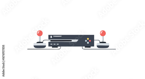 Retro gaming console setup with dual joysticks for classic video game nostalgia, minimalist design conveying digital entertainment, 8 bit and 16 bit