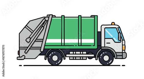 Cartoon Illustration of a Green and Gray Garbage Truck Depicting Waste Management and Environmental Responsibility