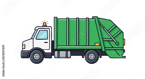 Cartoon illustration of green and white garbage truck on white background for ecological service themed design, transportation and waste management