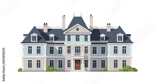 Elegant illustration showcases a grand mansion with intricate architectural details and subtle color palette, evoking a sense of opulence and