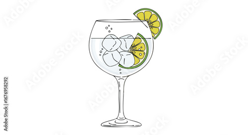 Elegant gin and tonic sketch illustration on clear background with ice cubes and citrus slices, crafted digital art showcasing refreshing cocktail