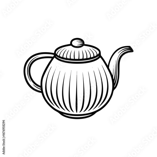Teapot Line Art: A classic teapot design, meticulously rendered in elegant line art, showcasing its iconic form, perfect for illustrating articles and various design uses.