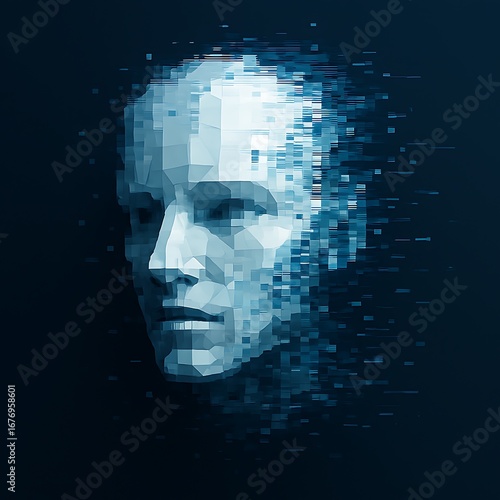 Abstract Futuristic Digital Face Decomposing Into Pixels Representing Artificial Intelligence
