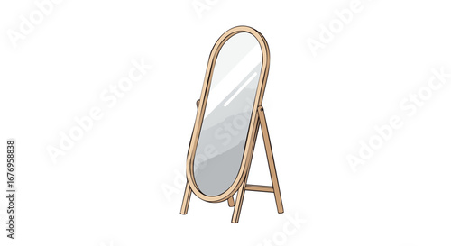 Elegant freestanding mirror illustration showcasing a minimalist design with an oval shape and a light wooden frame set against a plain backdrop