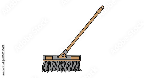 Detailed illustration showcasing a household mop with a wooden handle and grey fiber cleaning head, isolated on a crisp white backdrop offering a